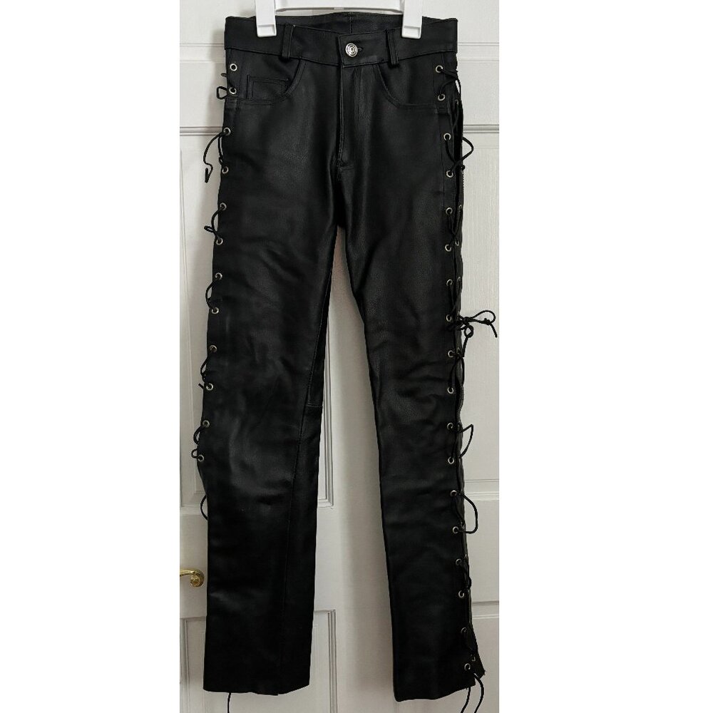 Leather Lace Up Side Pants Black XS Vintage Size 28 Tie ARD Champs Genuine Biker
